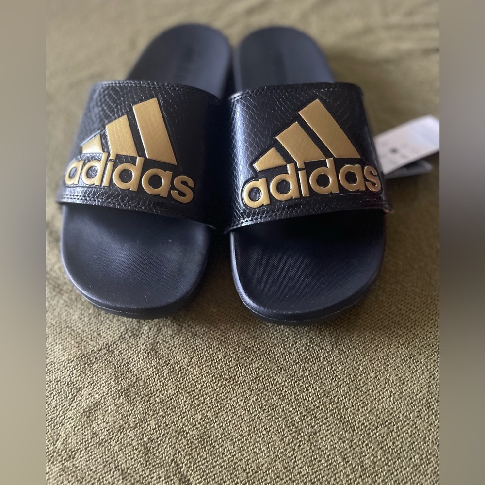 Adidas Black Slides with Gold Logo